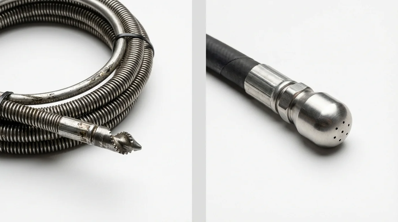 Drain snake cable and hydro jetting nozzle used for drain cleaning in Chino Hills, CA