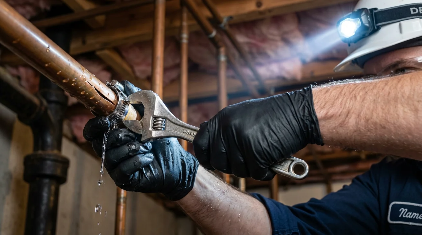 Emergency pipe clamp repair being performed by a Johns Plumbing LLC plumber in Chino Hills