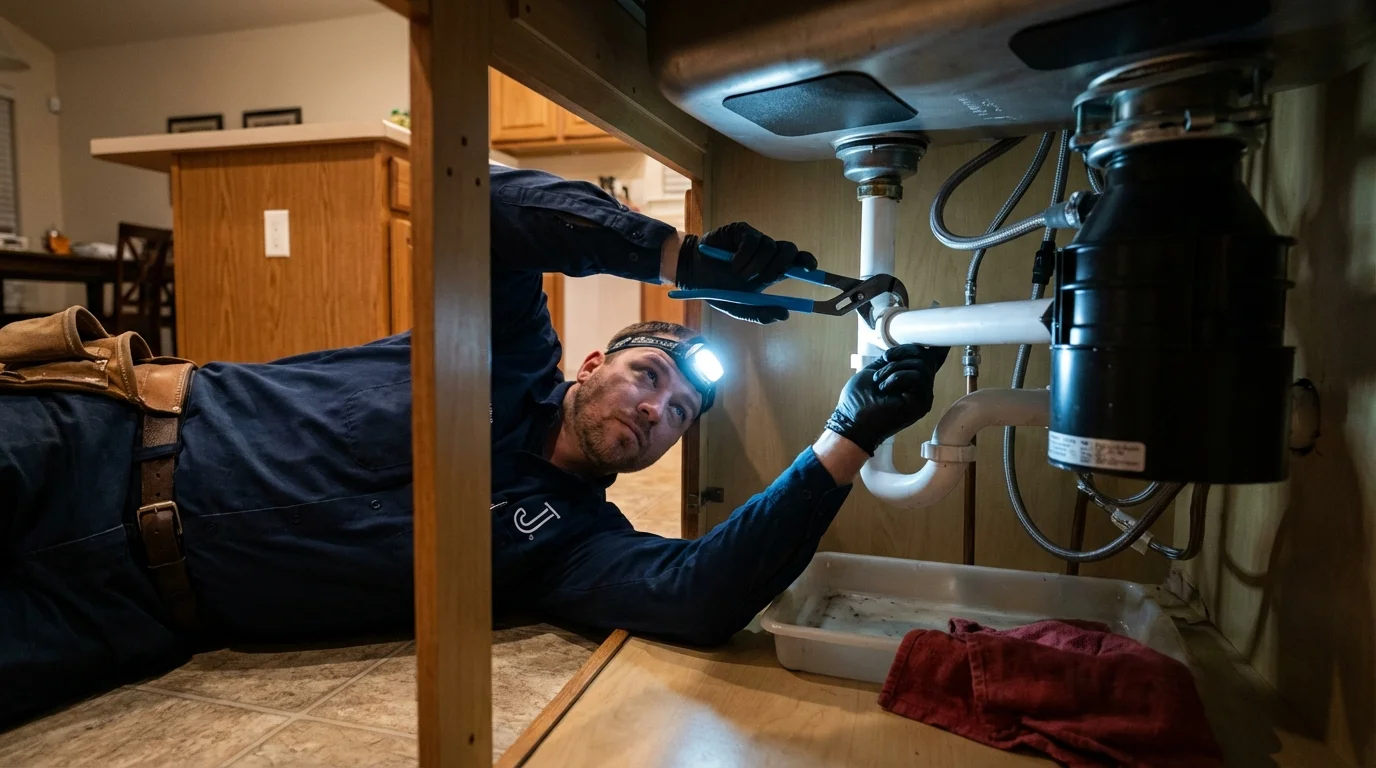 P-trap and supply line connections under a kitchen sink showing a common leak point in Chino Hills, CA